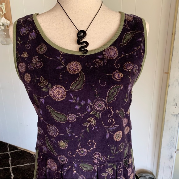 Vintage cotton fine corduroy purple & green flower dress - Picture 7 of 9
